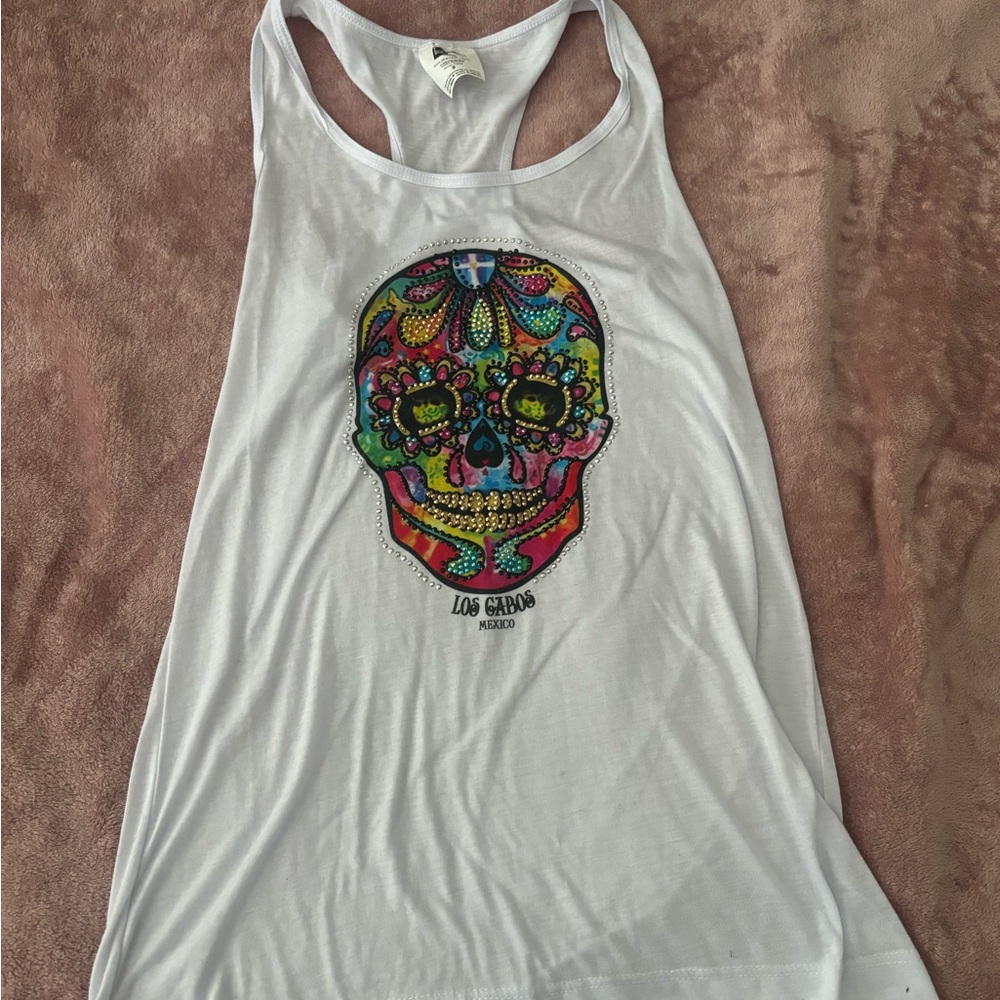 White Sleeveless Top with Colorful Skull Design